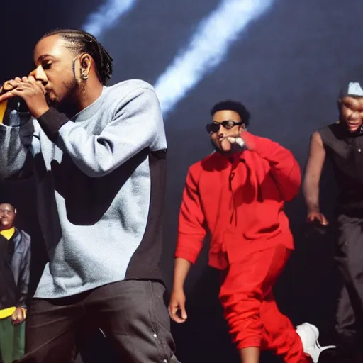 Prompt: kendrick lamar brings alvin and the chipmunks on stage to rap with him