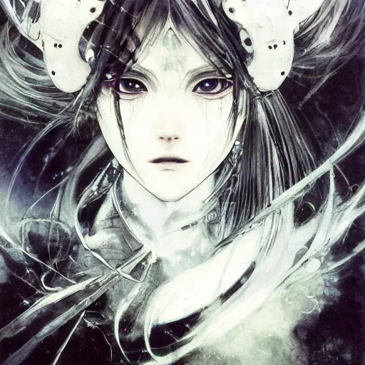 Image similar to Yoshitaka Amano blurred and dreamy illustration of an anime girl with pirate eye patch, wavy white hair and cracks on her face wearing Elden ring armour with the cape fluttering in the wind, abstract black and white patterns on the background, noisy film grain effect, highly detailed, Renaissance oil painting, weird portrait angle