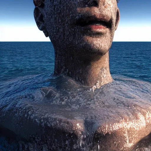 Prompt: a giant dripping water sculpture of a human head on the ocean water, cinematic, in the style of chad knight, long shot, hyper detailed, hyper realistic, ray tracing, 8 k resolution, sharp focus, realistic water, award winning