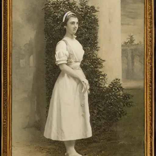 Image similar to a full body portrait of a young woman in maid uniform standing in front of a fountain in a park, very detailed, by William-Adolphe