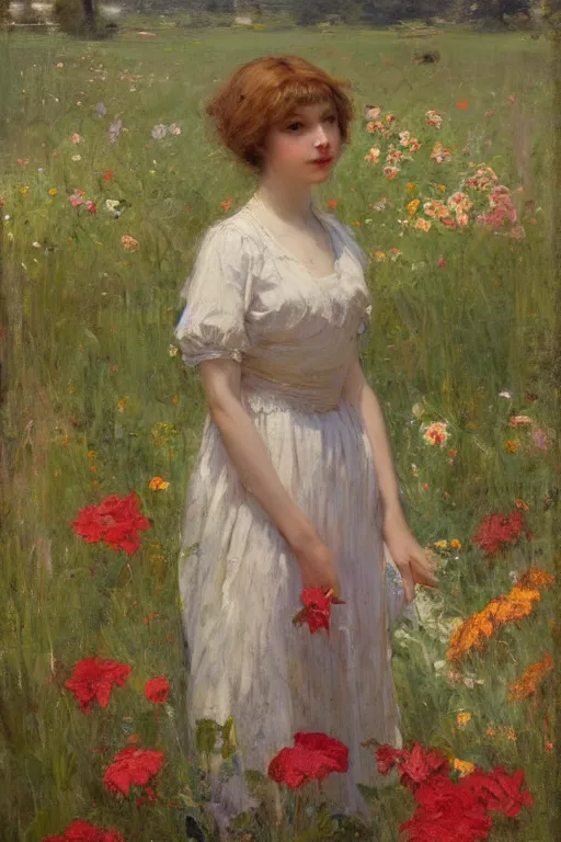 Image similar to Solomon Joseph Solomon and Richard Schmid and Jeremy Lipking victorian genre painting portrait painting of an elegant slim young cottagecore girl in an open field of flowers, red background