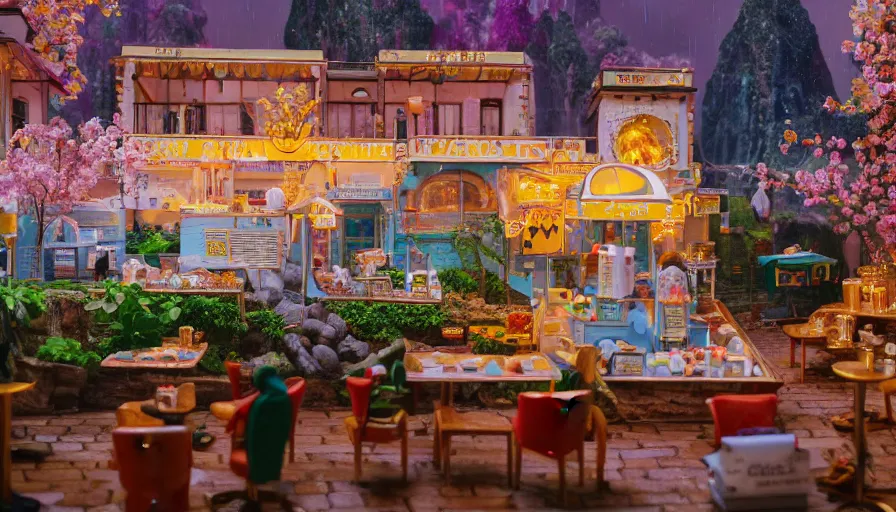 Prompt: a Wes Anderson 35mm film still of a very surreal cozy magic cafe with a miniature mountain city inside , golden hour, falling cherry blossom pedals, in the style of Gucci, glowing warm lights and floating lanterns, foggy atmosphere, rainy, moody, muted colors, magic details, very detailed, 8k, cinematic look, octane render, psychedelic,