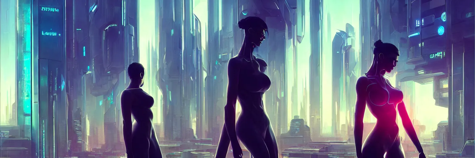 Image similar to out of focus scene of a futuristic cyberpunk cityscape, focus on a lone female humanoid, half body cropping, elegant profile pose, perfect anatomy, bokeh, hyper photorealistic, crispy quality, digital photography, art by pascal blanche, art by artgerm, art by greg rutkowski,