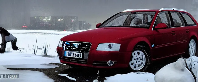 Image similar to Audi A4 B6 Avant (2002), a gritty neo-noir, dramatic lighting, cinematic, eerie person, death, homicide, homicide in the snow, viscera splattered, gunshots, establishing shot, extremely high detail, photorealistic, cinematic lighting, artstation, by simon stalenhag, Max Payne (PC) (2001) winter New York at night, In the style of Max Payne 1 graphic novel, flashing lights, Poets of the Fall - Late Goodbye