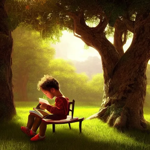 Prompt: a child reading a book under a beautiful tree. a tree growing in the middle of a Victorian library. a tree growing indoors inspired by Albert Bierstadt, ultra-realistic, 4K, featured on artstation