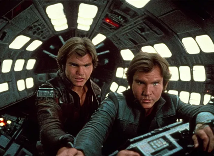 Prompt: screenshot of Han Solo piloting with master Luke Skywalker in the cockpit, objects floating around him, iconic scene from the 1970s thriller directed by Stanely Kubrick film, color kodak, ektochrome, anamorphic lenses, detailed faces, moody cinematography