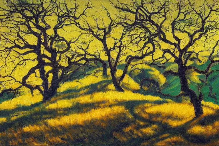 Prompt: masterpiece painting of oak trees on a hillside overlooking a creek, dramatic lighting, by giacomo balla