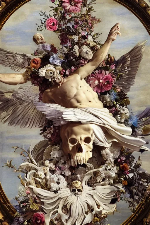 Image similar to A flying icarus reaching for the sun with a skull mask and wings as a Greek sculpture, quartz crystal skull, wreath of flowers and abstract milky quartz eyes, many large flying monster eyes, flowing sakura silk, fabric, flowers. baroque elements, human skull. full-length view. baroque element. intricate artwork by caravaggio. many many birds birds on background. Trending on artstation. halo. octane render, cinematic, hyper realism, octane render, 8k, depth of field, 3D