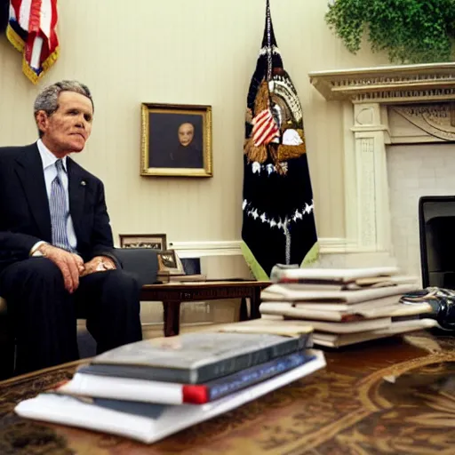 Prompt: an alien, president bush, talking, in oval office, realistic