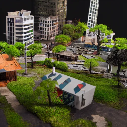 Image similar to a detailed photo of a diorama city, macro photography, zoom, model trees, table, studio lighting