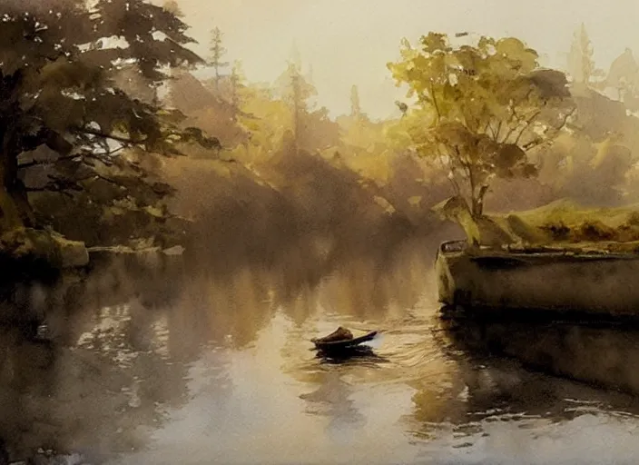 Image similar to watercolor of calm river with wooden boat, stone bridge, art by anders zorn, wonderful masterpiece by greg rutkowski, beautiful cinematic light, american romanticism by greg manchess, creation by tyler edlin