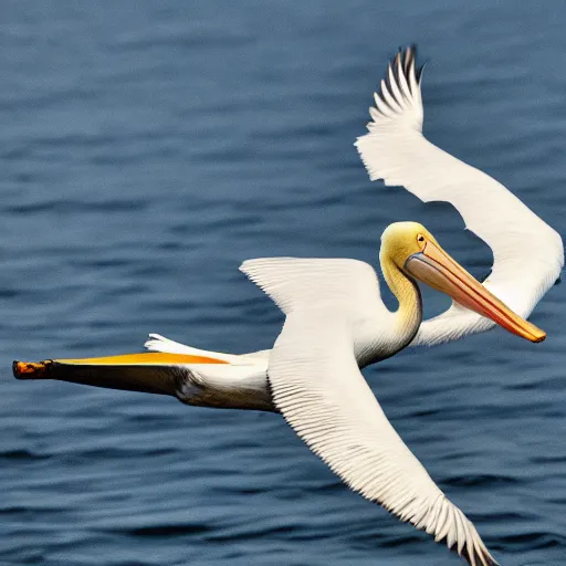 Image similar to awardwinning nature photography portrait of a white pelican in full flight above the ocean as seen from below. extremely highly detailed beak