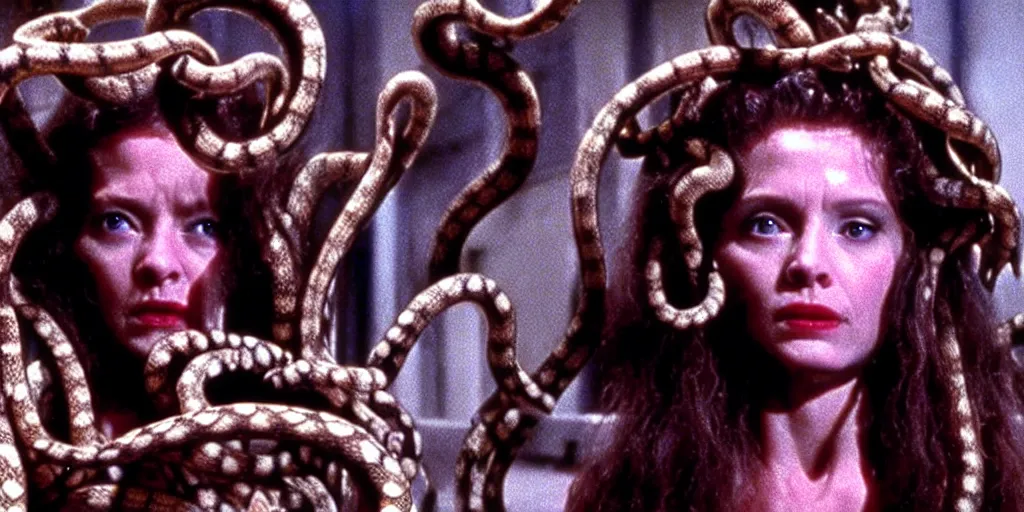 Prompt: medusa, with small snakes for hair, still from the movie the thing ( 1 9 8 1 )