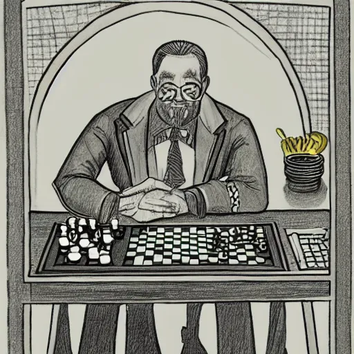 Prompt: David Hirschfeld drawing of the Devil playing chess