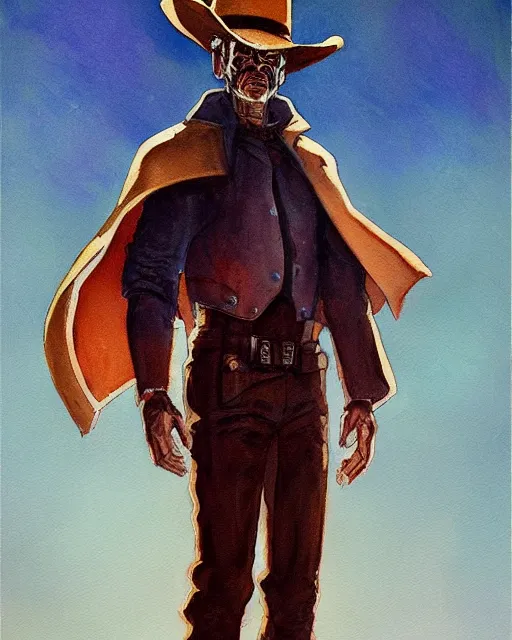 Image similar to a oil / watercolor painting full body character portrait of a high noon android in the style of moebius in the style of leonard boyarsky trending on artstation deviantart pinterest detailed realistic hd 8 k high resolution