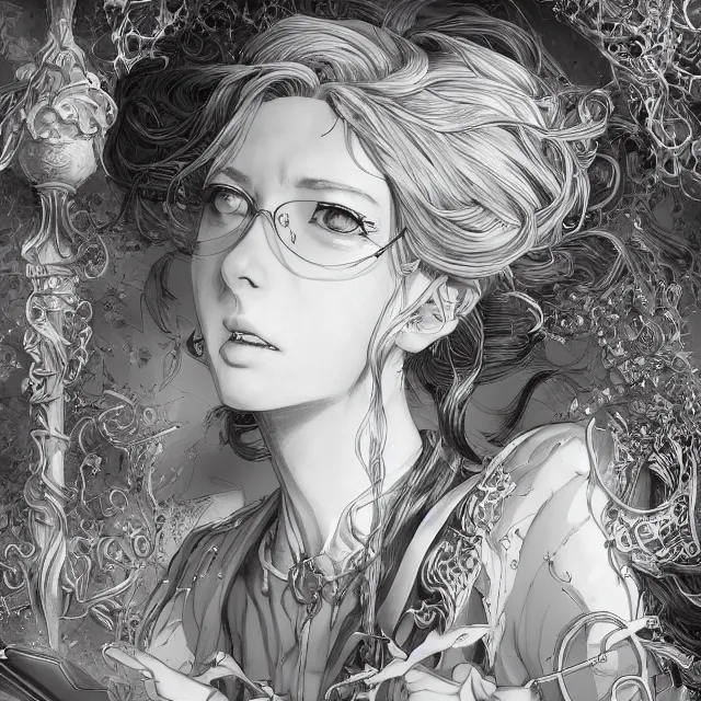 Prompt: the portrait of the lawful evil sorceress lawyer as an absurdly beautiful, graceful, elegant, sophisticated, anime woman, an ultrafine hyperdetailed illustration by kim jung gi, irakli nadar, intricate linework, bright colors, octopath traveler, final fantasy, unreal engine 5 highly rendered, global illumination, radiant light, detailed and intricate environment