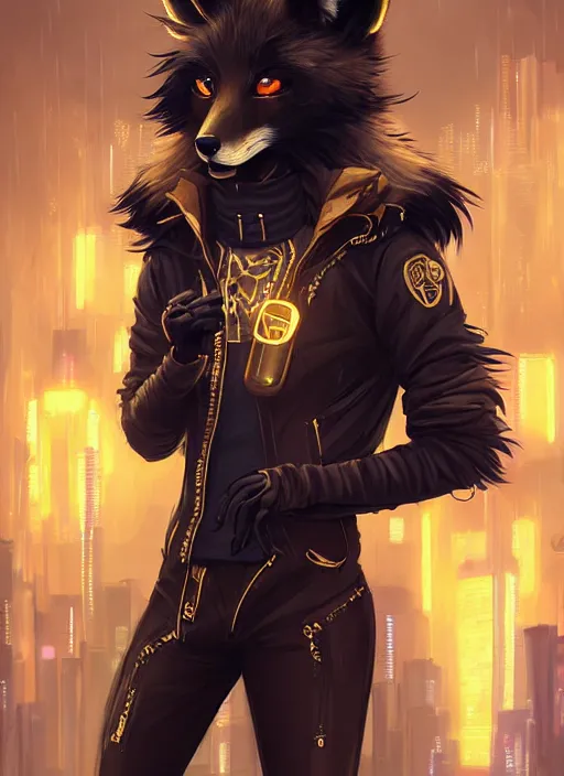 Image similar to award winning beautiful portrait commission of a male furry anthro melanated fox fursona with a tail and a cute beautiful attractive detailed furry face wearing stylish black and gold cyberpunk clothes in a cyberpunk city at night while it rains. Character design by charlie bowater, ross tran, artgerm, and makoto shinkai, detailed, inked, western comic book art