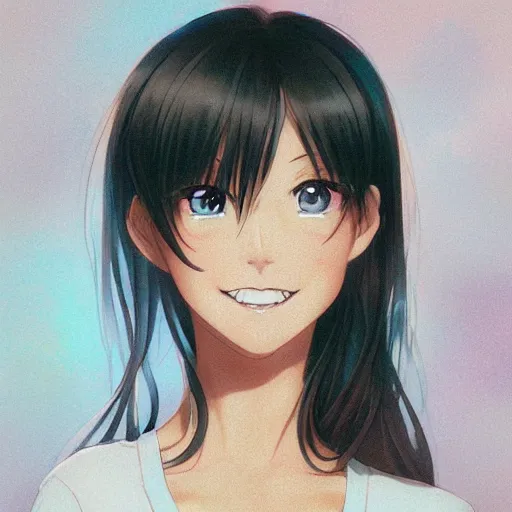 Prompt: A medium shot anime portrait of a happy brunette anime woman, a single short ponytail, parted light brown hair, bare forehead, blue-eyed, blue eyes, big bold thick eyebrows, thick jawline, round face, big round nose, closed lips, wearing a t-shirt, solid blue background, by Stanley Artgerm Lau, WLOP, Rossdraws, James Jean, Andrei Riabovitchev, Marc Simonetti, and Sakimi chan, trending on artstation