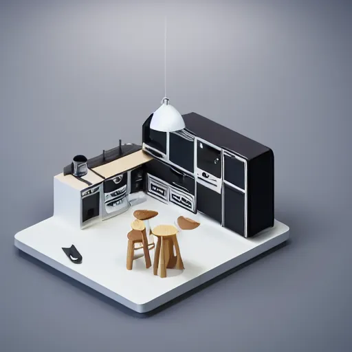 Prompt: isometric minimalistic chubby kitchen, 3 d illustration, 1 0 0 mm, depth of field, octane render, studio lighting