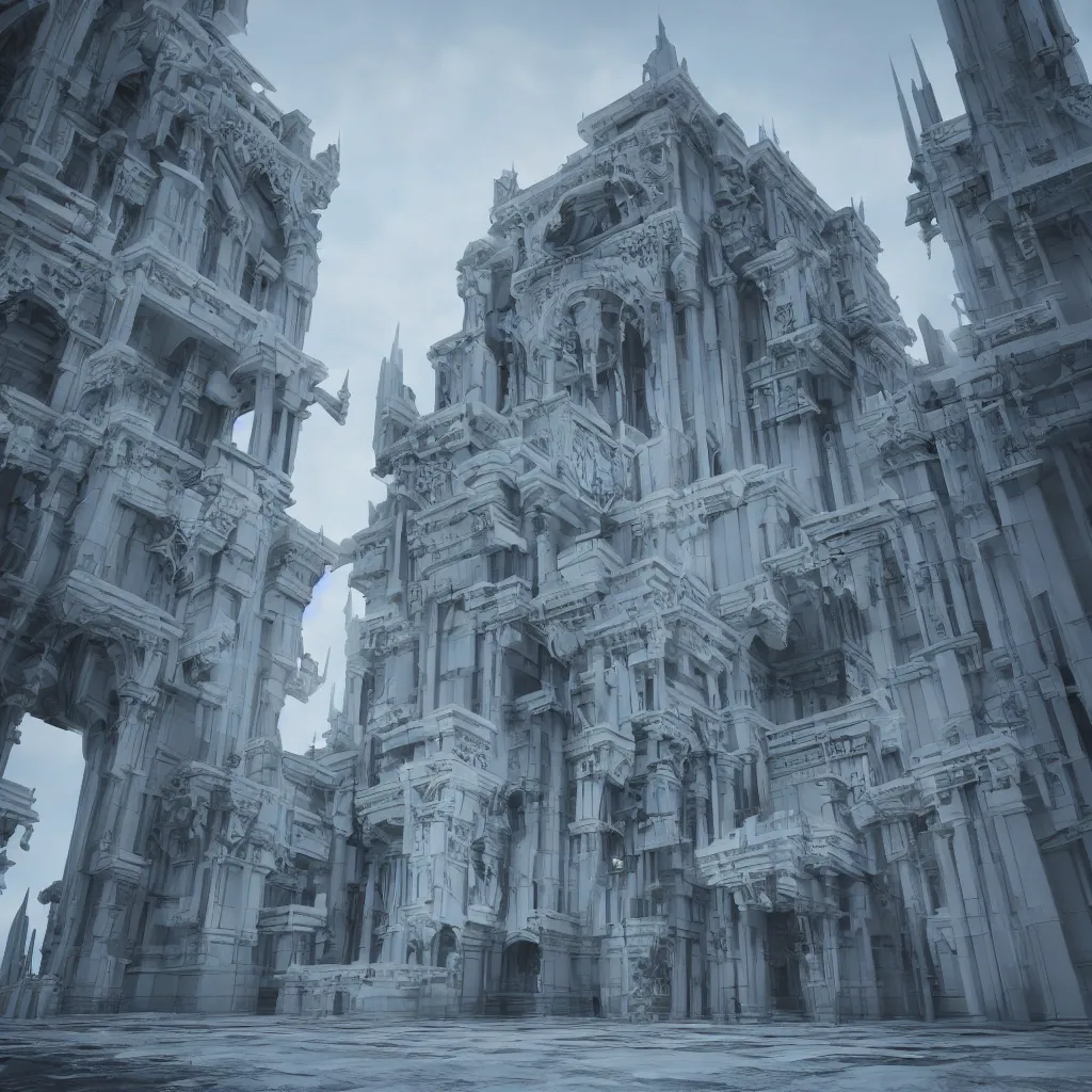 Image similar to beautiful modern gothic building made out of white stone cyberpunk futuristic. bright high contrast cinematic lighting highly detailed resolution octane render 8 k