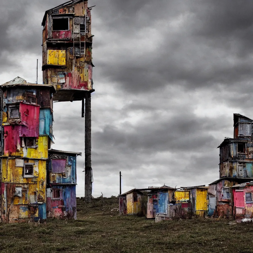 Image similar to close - up view of a tower made up of colourful makeshift squatter shacks, bleached colours, moody cloudy sky, dystopia, mamiya, very detailed, photographed by cristina de middel