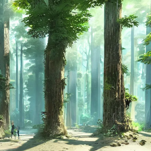 Prompt: concept art painting of trees with doors and windows, walkways between trees, in a deep forest, realistic, detailed, cel shaded, in the style of makoto shinkai and greg rutkowski and james gurney