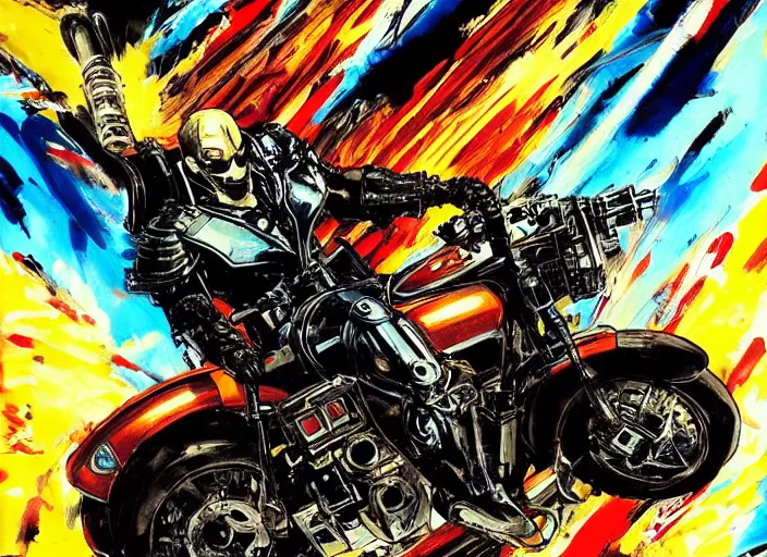 Prompt: marvel ghost rider, wearing futuristic cybernetic battle armor, riding a cyberpunk styled akira motorcycle, by ashley wood, yoji shinkawa, jamie hewlett, 6 0's french movie poster, french impressionism, vivid colors, palette knife and brush strokes