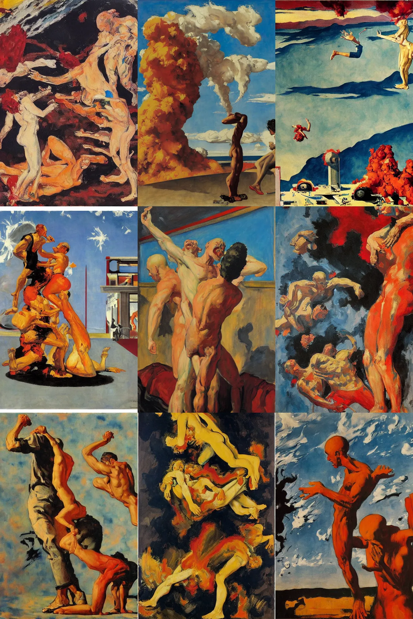 Prompt: atomic explosion, part by Edward Hopper, part by Norman Rockwell, part by Georg Baselitz, oil on canvas,