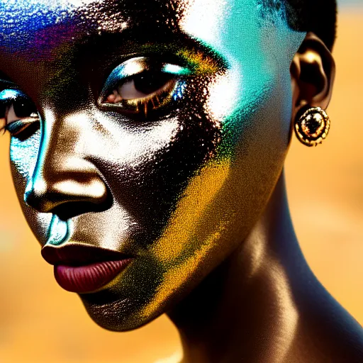 Prompt: portrait of iridescent metallic face, african woman, mirror reflections, proud looking, outdoor, nature, blue sky, 8 k, realistic, depth of field, highly detailed, art photography