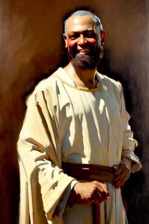 Prompt: leyendecker and solomon joseph solomon and richard schmid and jeremy lipking victorian loose genre loose painting full length portrait painting of jesus with a slight smile happy inviting