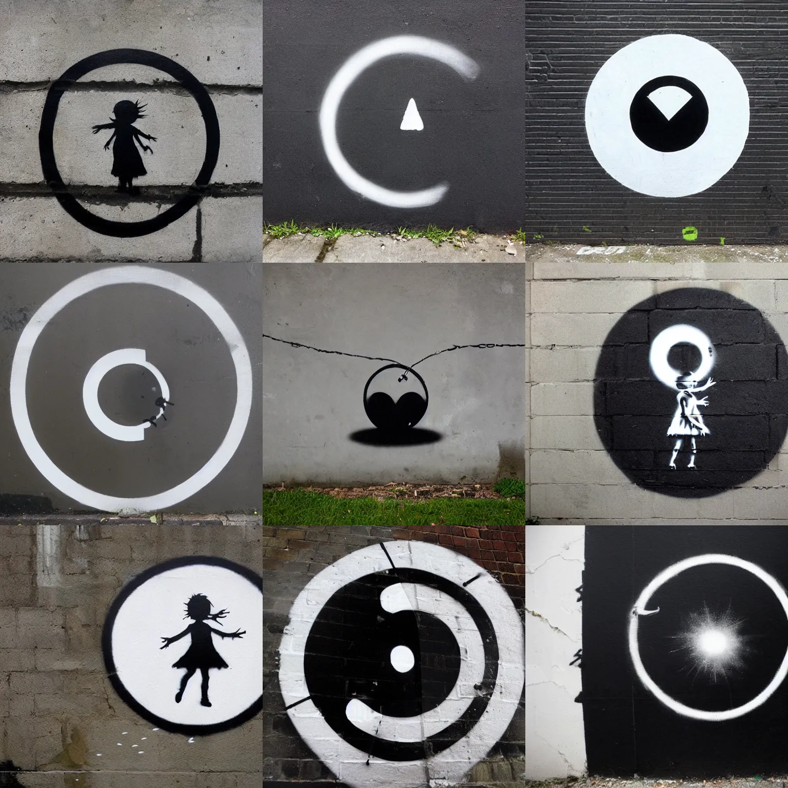 Prompt: a white circle on black background, streetart by banksy