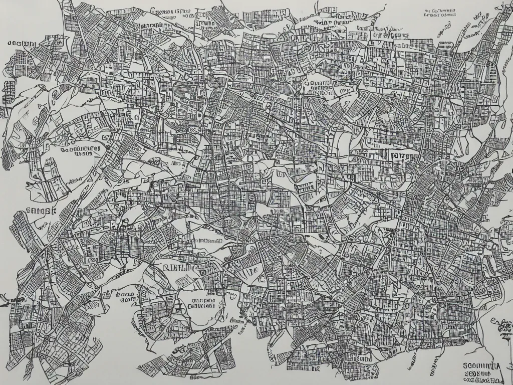 Prompt: A map of South Carolina, Ink drawing by Deven Rue, fine point pen