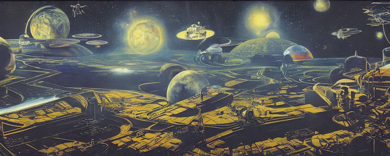 Prompt: a beautiful future for space program, astronauts and space colonies, utopian, by david a. hardy, wpa, public works mural