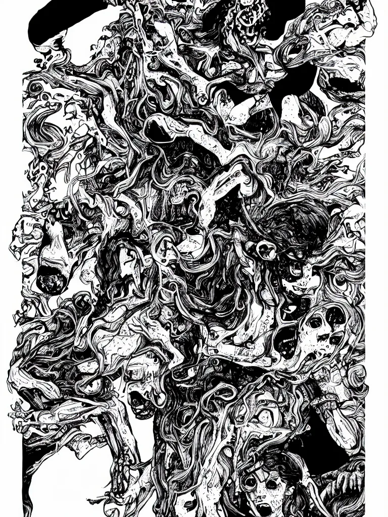 Prompt: black and white illustration creative design junji ito body horror