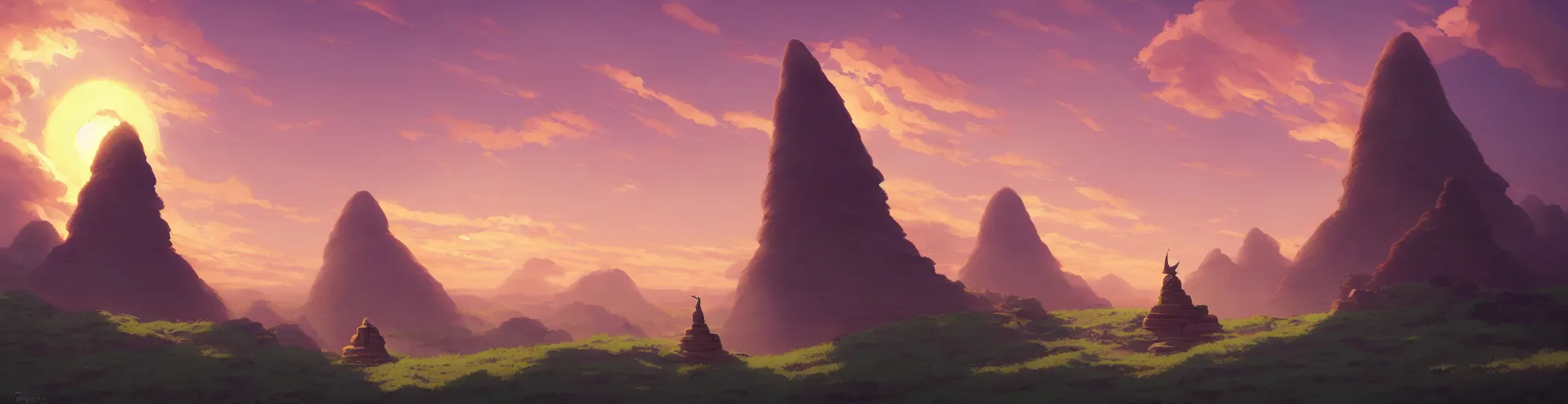 Prompt: A landscape with front face view sphinx stone statue, Studio Ghibli, backlight sunset sky, animated, anime, illustrated, vibrant, by Greg Rutkowski, dungeons and dragons on artstation
