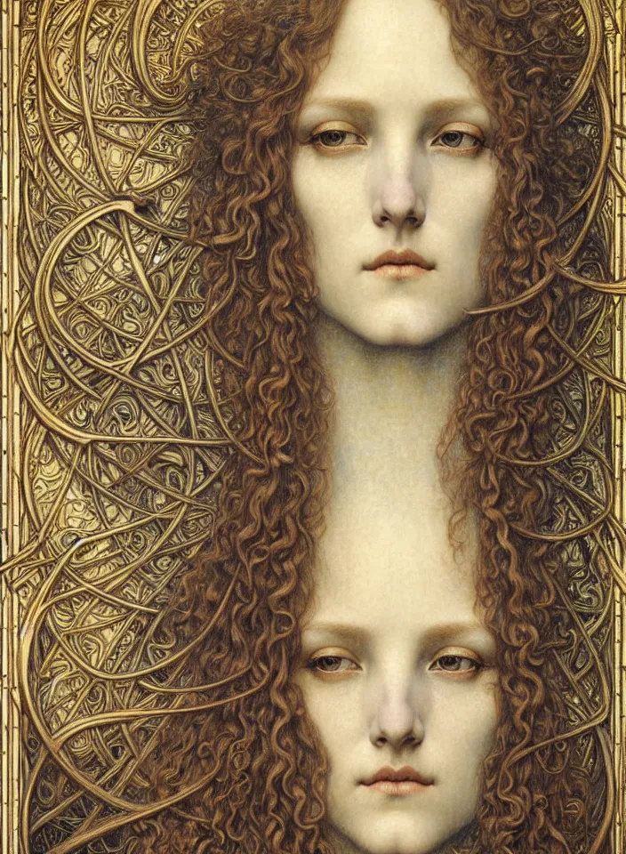 Image similar to detailed realistic beautiful young medieval queen face portrait by jean delville, gustave dore and marco mazzoni, art nouveau, symbolist, visionary, gothic, pre - raphaelite. horizontal symmetry