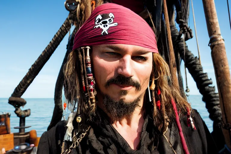 Image similar to closeup movie pirate on a pirate ship, by emmanuel lubezki