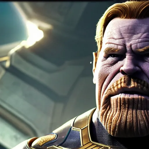 Prompt: Bryan Cranston as Thanos, HD promotional screenshot from new Avengers film, 8k ultra realistic, Marvel animation