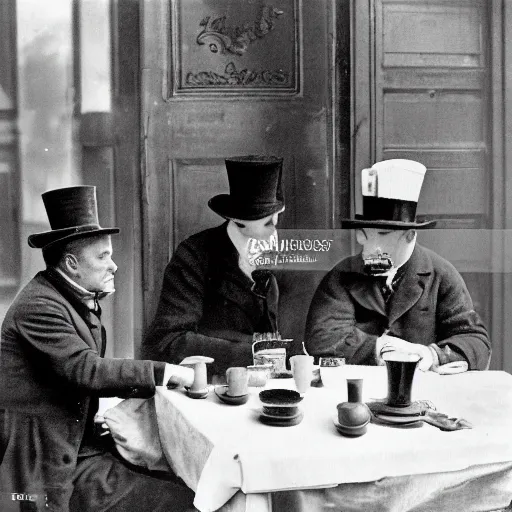 Image similar to paris at early 2 0 th century. two gentlemen with top hats are having a coffee around a table at river seine ´ s bank. the two gentlemen are watching a painter at the banks on river seine, where he is painting something on a canvas. the painter is ewan mcgregor