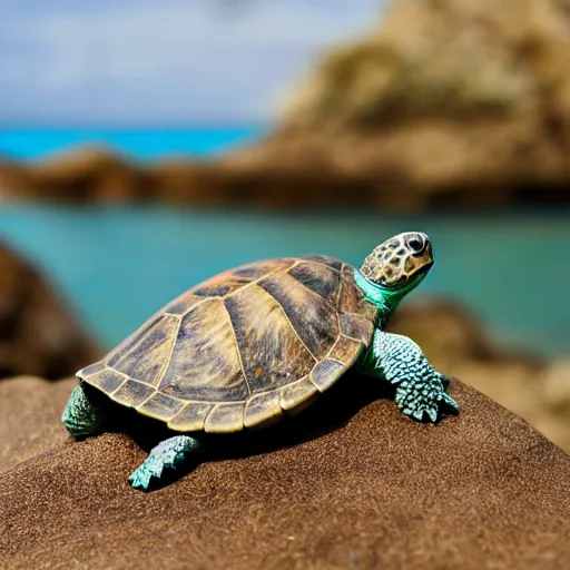 Image similar to a turtle on a rock looking at the sea, macro 8mm photo, the camera is behind the turtle