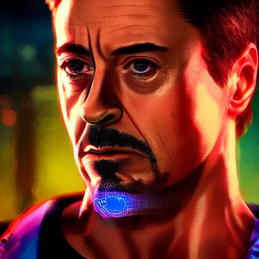 Prompt: robert downey jr portrait, Cyberpunk 2077, cyberpsycho, photorealistic, ultra detailed, neon, octane, bokeh, cyber, cyberpunk city, feature, scars, cyberface, 8k