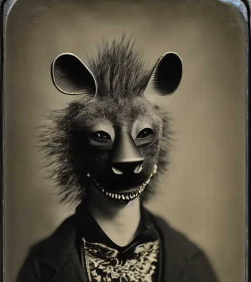 Prompt: professional studio photo portrait of anthro anthropomorphic spotted hyena head animal person fursona wearing elaborate pompous silver skull robes clothes by Louis Daguerre daguerreotype tintype