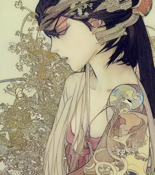 Image similar to yoshitaka amano painting of an anime woman, intricate line drawings, pen and ink, alphonse mucha, claire wendling, kentaro miura