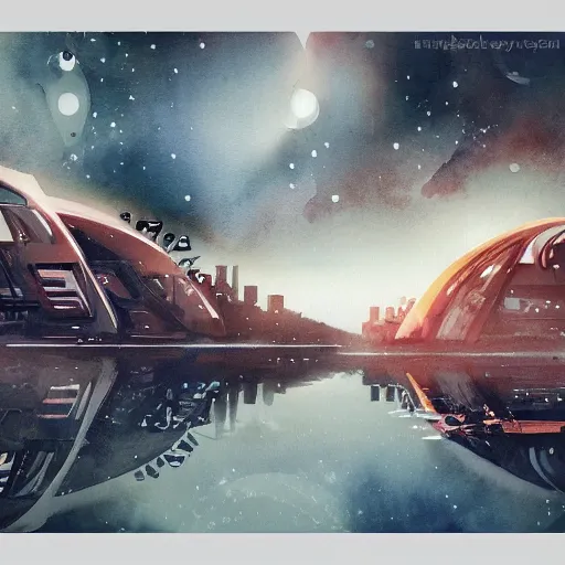 Prompt: Beautiful futuristic sci-fi city in harmony with nature. Nice colour scheme, soft warm colour. Beautiful detailed watercolor by Lurid. (2022)