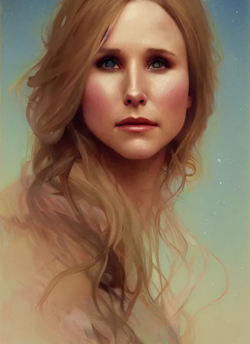 Prompt: beautiful portrait ofkristen bell, soft features, by magali villeneuve and greg rutkowski and artgerm and alphonse mucha and jeremy lipkin and michael garmash and rob hay, intricate, elegant, highly detailed, photorealistic, trending on artstation, trending on cgsociety, 8 k, sharp focus