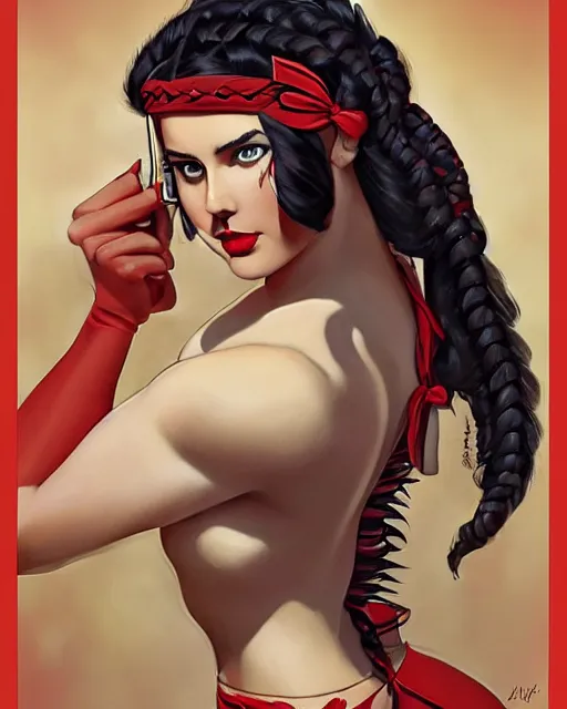Prompt: in the style of artgerm and Andreas Rocha and Gil Elvgren and Joshua Middleton, full body pin up modeling of pretty Native American young woman with braids, symmetrical face, red paint strip across eyes, natural lighting, warm colors, american postcard art style