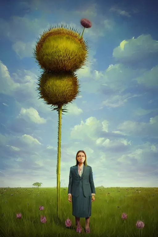 Prompt: portrait, enormous thistle flower as the face, a girl in a suit in field of flowers, surreal photography, sunrise, blue sky, dramatic light, impressionist painting, digital painting, artstation, simon stalenhag