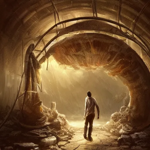 Image similar to a man walking into the portal, concept art, illustration, highly detailed, artwork, cinematic, hyper realistic, art station