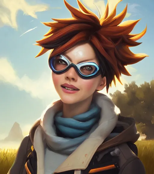 Prompt: beautiful oil painting of tracer from the game overwatch in the style of charlie bowater, standing alone in grassy field, smiling while the sun shines down, feminine face, light rays, radiant quality, 4 k, brush strokes, anatomically accurate face, beautiful eyes, peaceful atmosphere, artstation, detailed face, smiling,