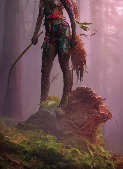 Prompt: detailed full body concept colorful fantasy painting of a forest huntress, cinematic lighting, hyperdetailed, 8k, high resolution, insanely detailed and intricate, octane render